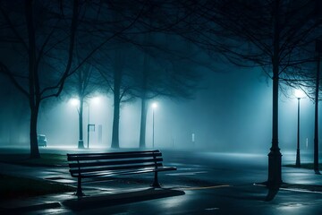 A lonely park bench sits gracefully amidst a blanket of thick fog, giving the scene an enchanting and magical quality.Ai generated