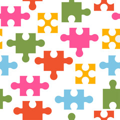 Bright seamless pattern with puzzle pieces. Vector graphic.