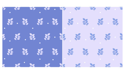 Two seamless simple patterns with leaves in blue color. Vector graphic.