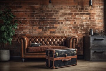 Mock up image of a loft's interior. Leather sofa and vintage wooden and metal trunk against brown red brick wall. Background image with text copy space. Horizontal. Generative AI