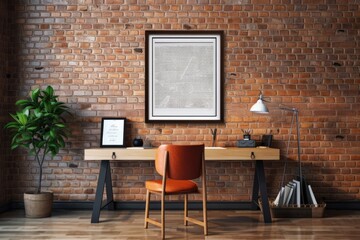 On the red brick wall, a mock up of a vertical poster frame. Generative AI