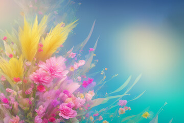 Pastel Colors Flowers. Pastel colors flower and decor  arrangement on blue gradient background. Generative AI