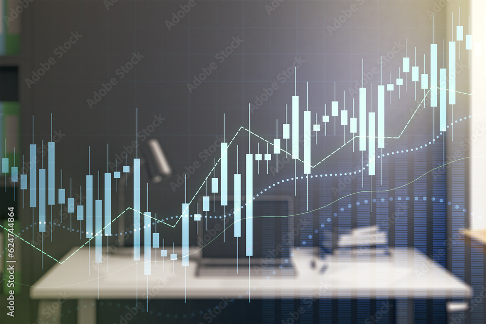 Aufkleber multi exposure of abstract financial diagram and modern desk with computer on background, banking an