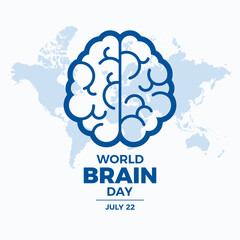 World Brain Day poster with abstract brain symbol vector illustration. Human brain and world map blue silhouette icon vector. July 22 every year. Important day