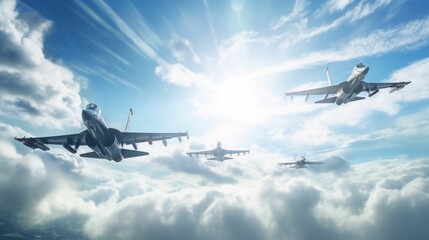 airplane fighter jets flying over the clouds