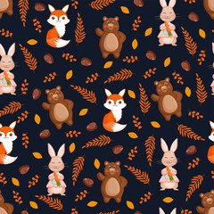 Seamless vector pattern with forest animals - bear, hare and fox with leaves and fir cones. Vector illustration for fabric, texture, wallpaper, poster, postcard. Editable elements. Autumn design.