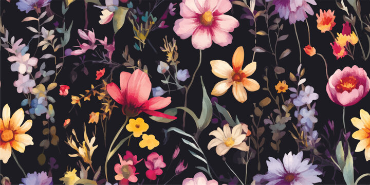 Floral seamless pattern with colored flowers and delicate branches, watercolor illustration on dark background in provence style, print for textile or wallpapers