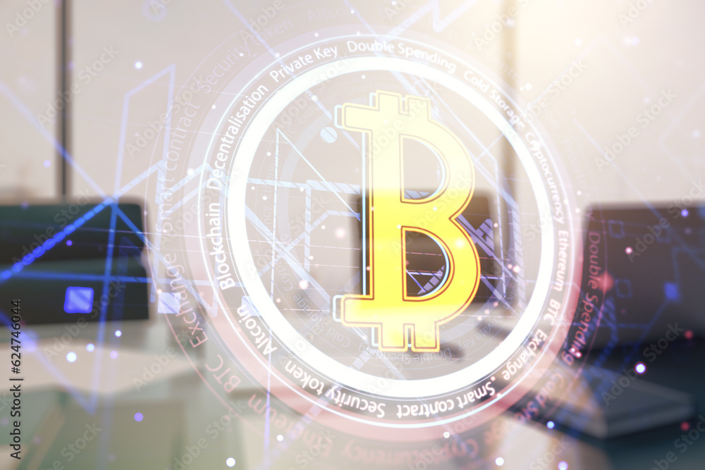 Poster creative bitcoin concept and modern desktop with computer on background. multiexposure