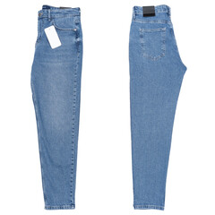 New blue jeans on white background Jeans denim texture. Denim background texture for design. Canvas...