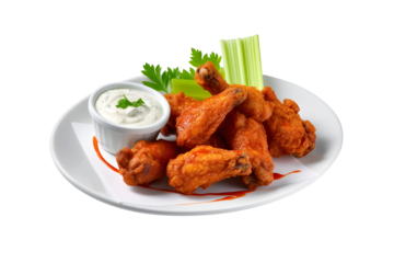 Crispy chicken wings coated in a spicy buffalo sauce, served with blue cheese dressing and celery sticks. A favorite for spicy food lovers. white background - Generative AI