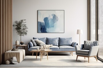modern living room with a bed, chair and a beautiful photo on the wall, photo mockup