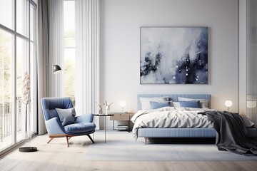 modern living room with a bed, chair and a beautiful photo on the wall, photo mockup
