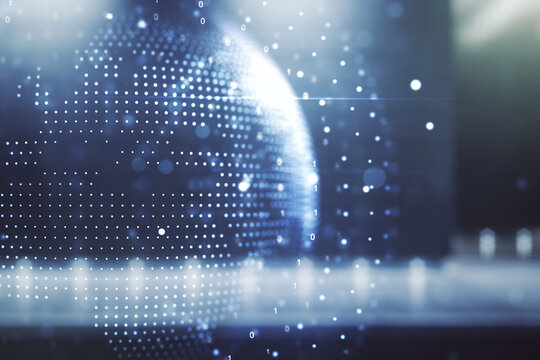 Abstract creative world map interface on blurry modern office building background, international trading concept. Multiexposure