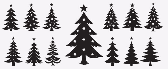 Christmas tree silhouette collection, cartoon Christmas pine tree set icon holiday decoration