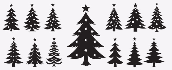 Obraz premium Christmas tree silhouette collection, cartoon Christmas pine tree set icon holiday decoration