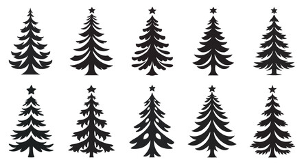 Christmas tree silhouette collection, Cartoon decorated new years fir-tree set