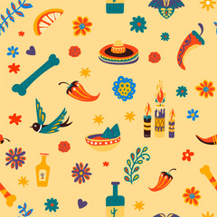 Mexico traditional symbols and cultural signs seamless pattern
