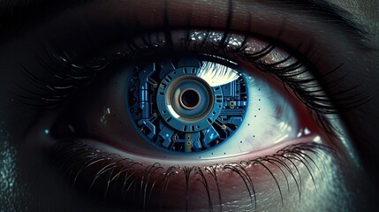 Implantat Future eye, construction in the eye, eye reflecting, eye showing some gear inside, cyborg, robots