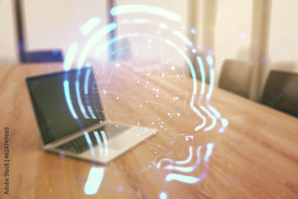 Aufkleber creative artificial intelligence concept with human head sketch on modern computer background. doubl