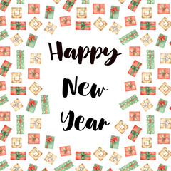 Christmas card, invitation in colorful gift boxes. Holiday presents. Preparation for the celebration of Christmas and New Year.