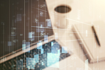 Abstract creative analytics data spreadsheet on modern computer background, analytics and analysis concept. Multiexposure