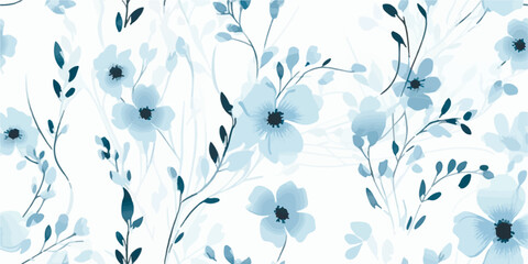 Floral seamless pattern with tender blue abstract branches of flowers and leaves. Vector illustration on ivory background in vintage style