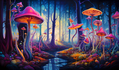 Magic forest of purple mushrooms, fantasy place.
