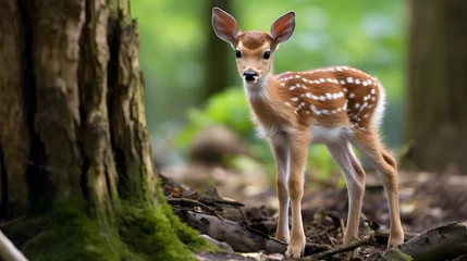 Fotobehang baby deer animal in green meadows © Hassan