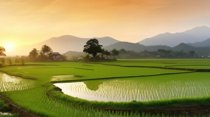 Rice field in the rays of the evening sun, the cultivation of natural products. AI generated.