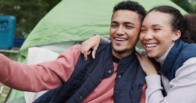 Couple, selfie and woods for camping outdoor, hug and comic laughing by tent for post on web blog. Man, woman and photography for memory, profile picture or meme video to update on social network app