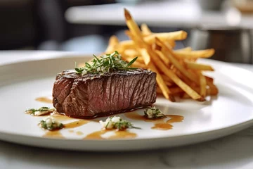 Foto op Canvas Steak Frites plated elegantly on a white dish, showcasing the medium-rare steak and golden-brown fries © bartjan