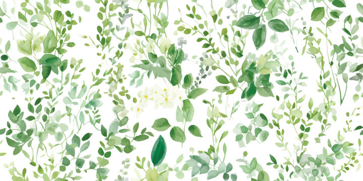 Green floral seamless pattern with plants, watercolor isolated illustration for wallpapers, textile, spring background or greenery garden print