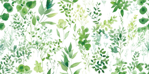 Green floral seamless pattern with plants, watercolor isolated illustration for wallpapers, textile, spring background or greenery garden print