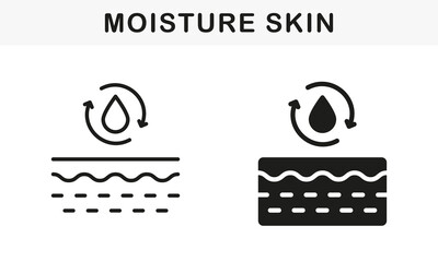 Moisture Skin Line and Silhouette Black Icon Set. Water Drop with Arrow and Skin Layer Pictogram. Skin Absorb Liquid Vitamin, Gel, Serum, Cream Symbol Collection. Isolated Vector Illustration