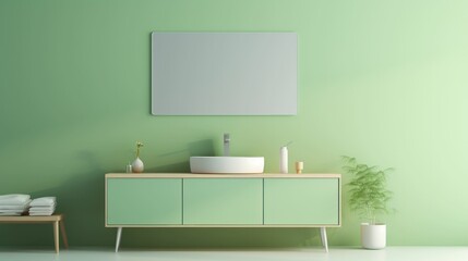 Modern bathroom interior design with green walls, sink, and mirror