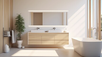 Modern bathroom interior design with white walls, bathtub, and wide mirror