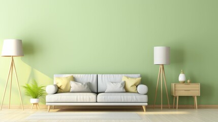 Fototapeta na wymiar Modern living room interior design with light green walls and sofa