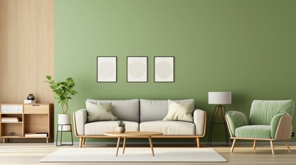 Modern living room interior design with green walls and sofa