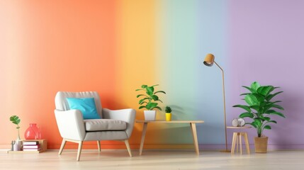 Modern living room interior design with colorful rainbow gradient walls and chair