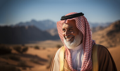 Portrait smiling arabic oil sheikh with blurred desert on the background. Emirates clothes look at camera happy male saudi arab arabic business muslim traditional sheik posing headscarf sheikh face - obrazy, fototapety, plakaty