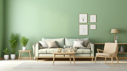 Modern living room interior design with pastel green walls and furniture