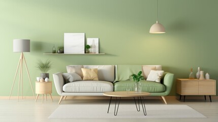 Modern living room interior design with pastel green walls and sofa