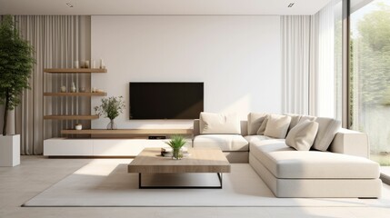 Fototapeta na wymiar Modern living room interior design with white walls, TV and furniture