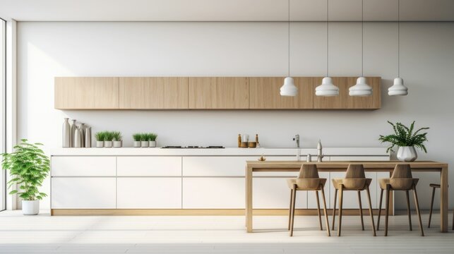 Modern kitchen interior design with white walls and bright window light
