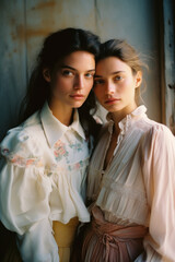 female friends/models/lgbtq + couple in magazine editorial fashion/beauty photo shoot embracing/kissing  film photography look  - generative ai art