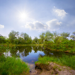 small calm river at summer sunny day, beautiful summer countryside landscape