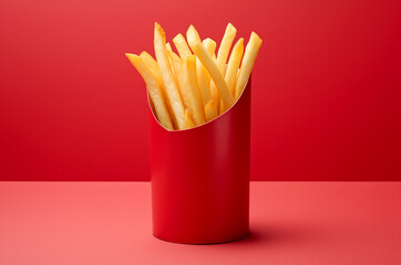 Minimalistic french fries in red packaging. Generative AI