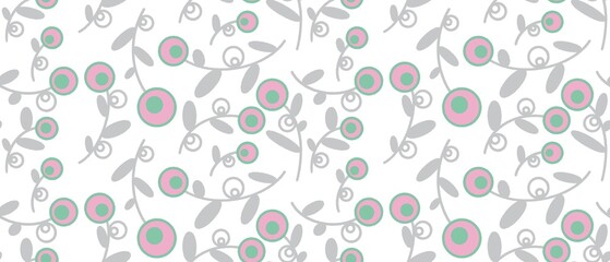 Seamless abstract floral pattern. Green, pink, grey, white. Illustration. Botanical texture. Leaves, flowers, berries texture. Design for textile fabrics, wrapping paper, background, wallpaper, cover.