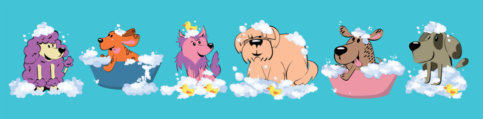 The Cute dog in a bubbles bath in a flat style. Grooming. Pet care illustration for content, label, banner, graphic and greeting card