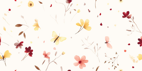 Minimalistic floral pattern of small flowers, petals, flying butterfly and dragonfly, wildlife watercolor print, seamless pattern burgundy and yellow colors, delicate illustration on ivory background